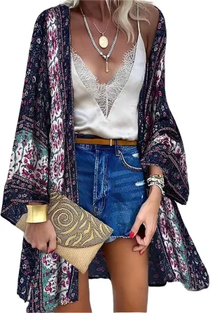 Womens Bohemian Floral Print Kimono Cardigan Blouse Casual Summer Loose Cover Ups Long Sleeve Tops