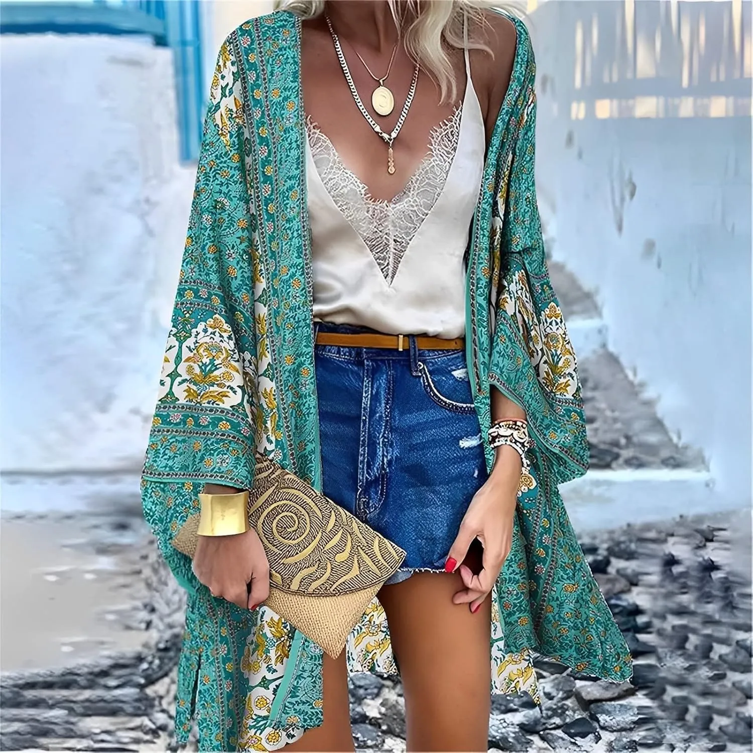 Womens Bohemian Floral Print Kimono Cardigan Blouse Casual Summer Loose Cover Ups Long Sleeve Tops