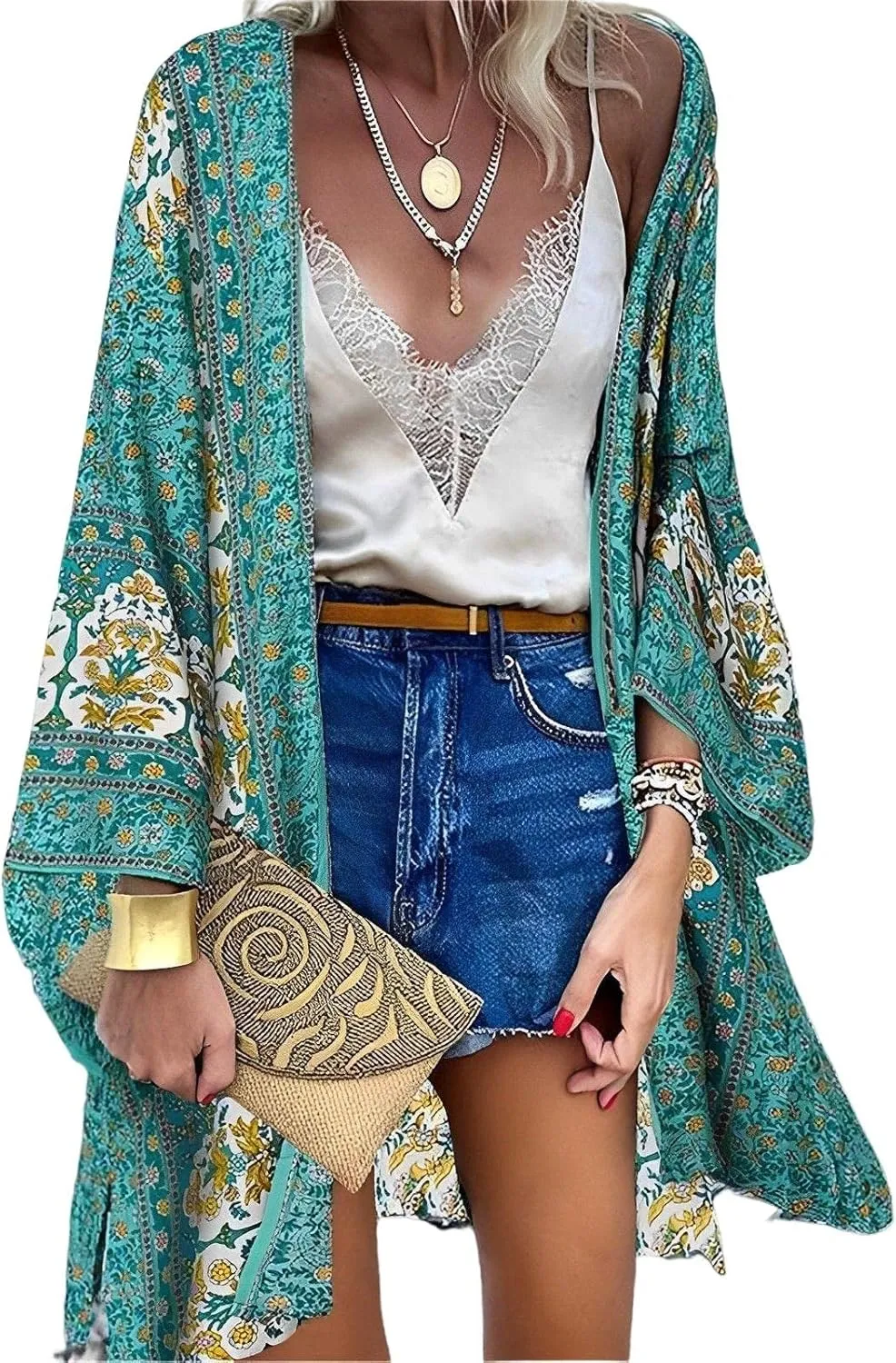 Womens Bohemian Floral Print Kimono Cardigan Blouse Casual Summer Loose Cover Ups Long Sleeve Tops