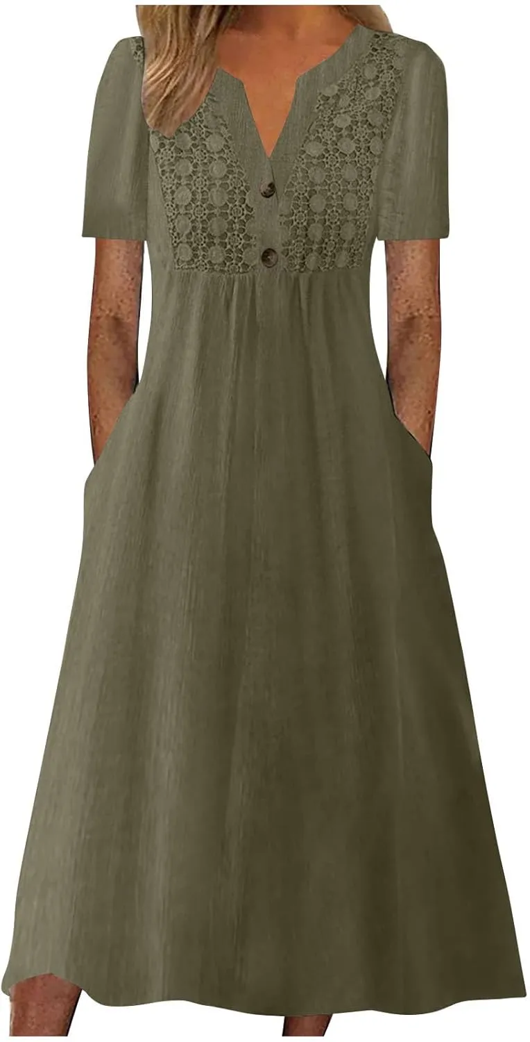 Women's Boho Floral Flowy A Line Midi Dress Casual Loose Summer Short Sleeve Beach Vacation Dresses with Pockets, XX-Large, Zc-ag