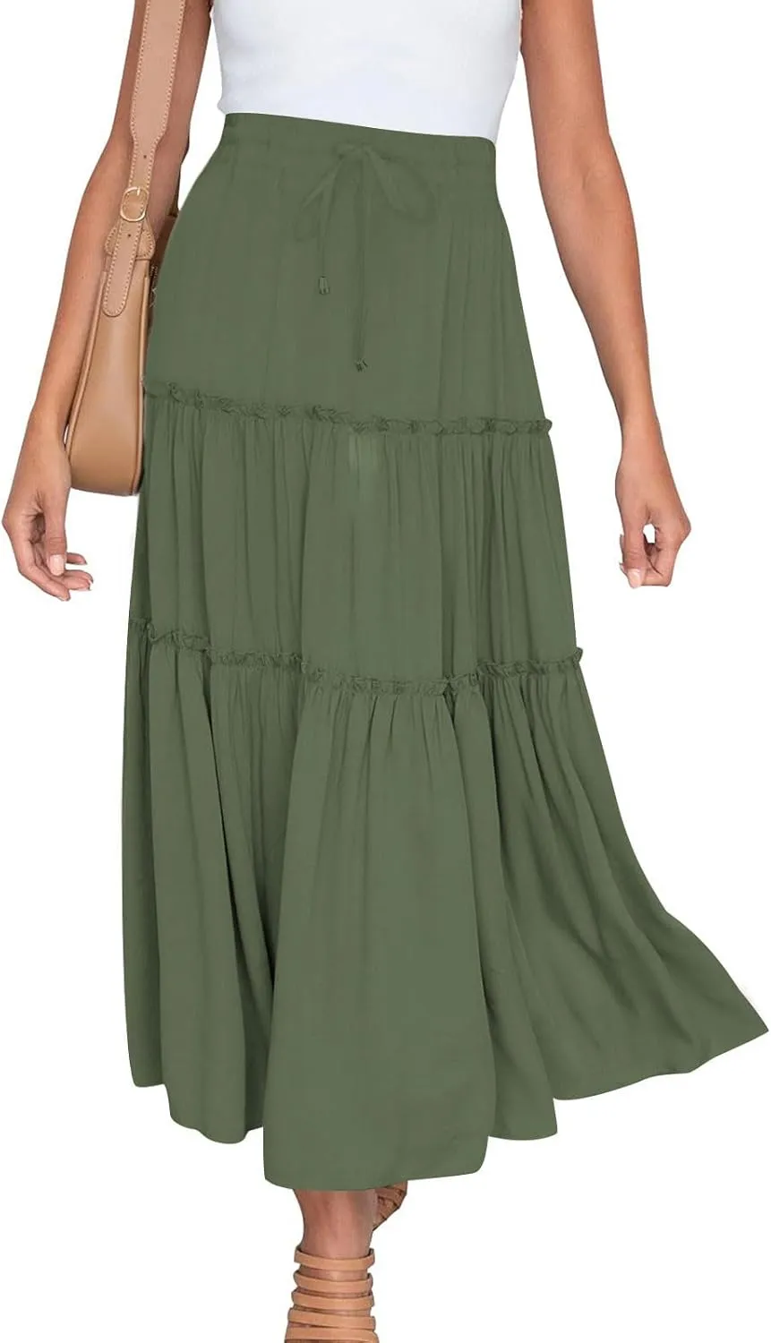 Women's Boho Maxi Skirt Summer Flowy Skirts A Line Pleated Skirts Ruffle Tiered Skirt Drawstring High Waist Skirt