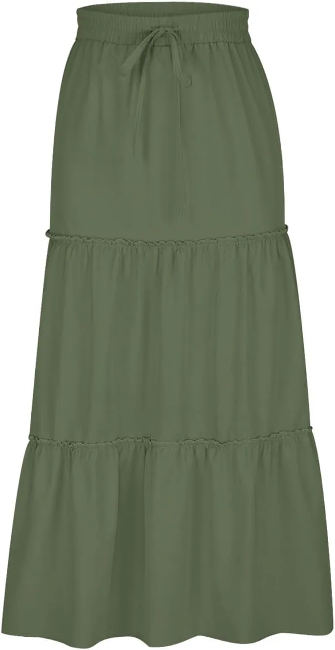 Women's Boho Maxi Skirt Summer Flowy Skirts A Line Pleated Skirts Ruffle Tiered Skirt Drawstring High Waist Skirt