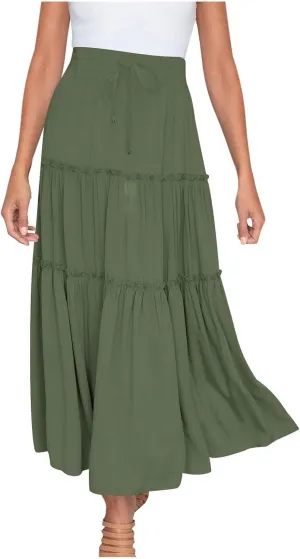 Women's Boho Maxi Skirt Summer Flowy Skirts A Line Pleated Skirts Ruffle Tiered Skirt Drawstring High Waist Skirt