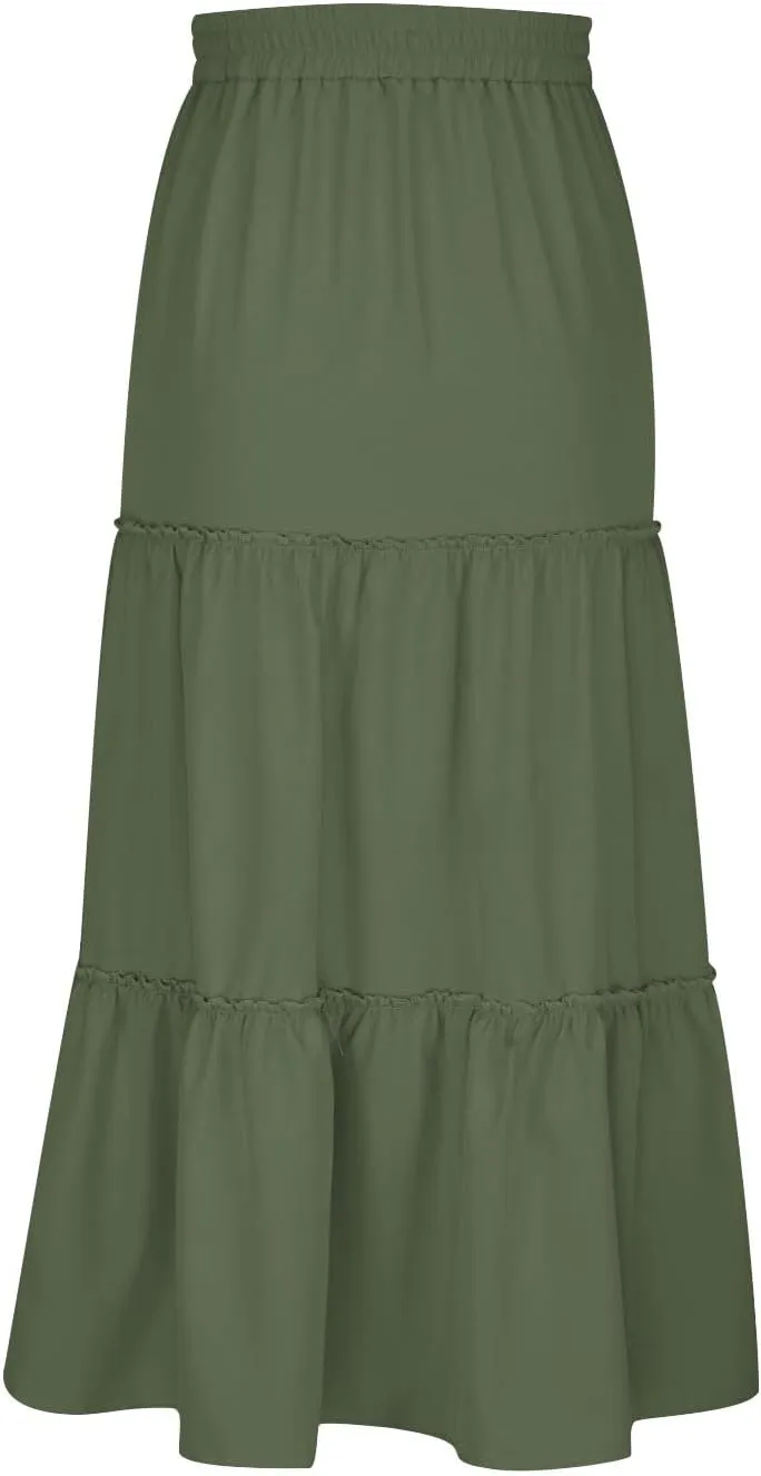 Women's Boho Maxi Skirt Summer Flowy Skirts A Line Pleated Skirts Ruffle Tiered Skirt Drawstring High Waist Skirt