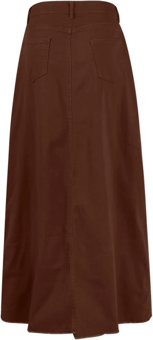 Women's Boho Skirts Summer Casual Loose Trendy Elastic Waist Solid Color Sun Beach Long Maxi Denim Skirt, S-XL