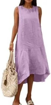 Women's Casual Asymmetrical Midi Tank Linen Dress Swing Modest Long Beach Sundresses Sleeveless High-Low Dresses with Pockets