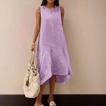 Women's Casual Asymmetrical Midi Tank Linen Dress Swing Modest Long Beach Sundresses Sleeveless High-Low Dresses with Pockets
