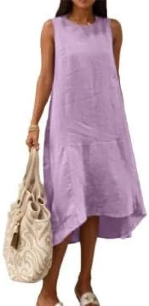 Women's Casual Asymmetrical Midi Tank Linen Dress Swing Modest Long Beach Sundresses Sleeveless High-Low Dresses with Pockets