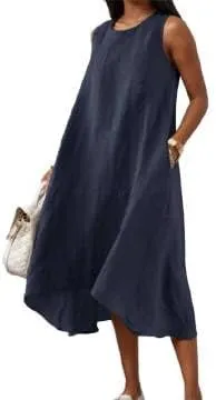 Women's Casual Asymmetrical Midi Tank Linen Dress Swing Modest Long Beach Sundresses Sleeveless High-Low Dresses with Pockets