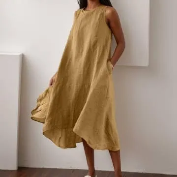 Women's Casual Asymmetrical Midi Tank Linen Dress Swing Modest Long Beach Sundresses Sleeveless High-Low Dresses with Pockets