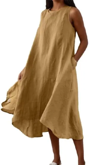 Women's Casual Asymmetrical Midi Tank Linen Dress Swing Modest Long Beach Sundresses Sleeveless High-Low Dresses with Pockets