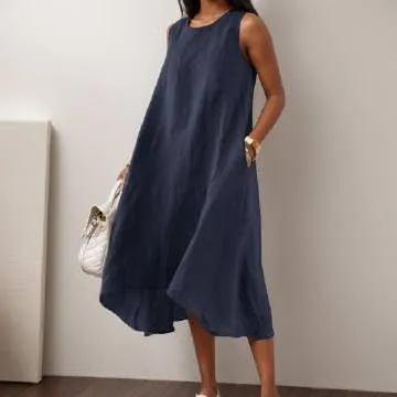 Women's Casual Asymmetrical Midi Tank Linen Dress Swing Modest Long Beach Sundresses Sleeveless High-Low Dresses with Pockets