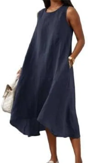 Women's Casual Asymmetrical Midi Tank Linen Dress Swing Modest Long Beach Sundresses Sleeveless High-Low Dresses with Pockets