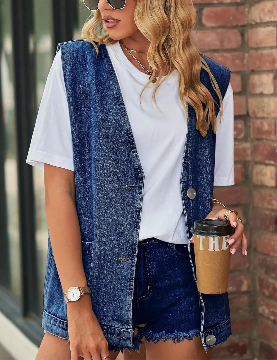 Women's Casual Denim Jean Vest Oversized Sleeveless Mid Long Button Down Jeans Jackets Vests Tops Waistcoat 