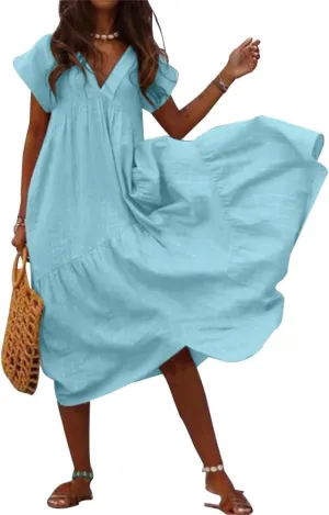 Women's Casual Dresses Gauze Dress for Women Womens Gauze Dress Midi Plus Size Boho Summer Casual Midi Dresses for Women 2024 Cotton,Teal,4XL