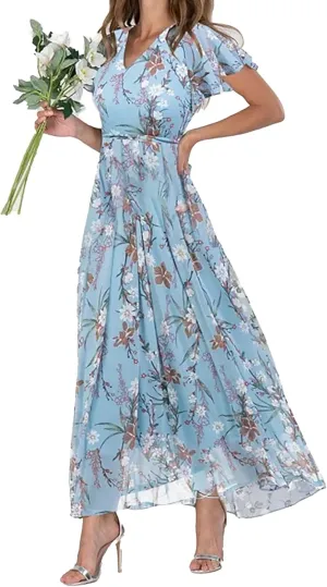 Womens Casual Flowy Chiffon Maxi Floral Dress, A-line Ruffle Short Sleeve V Neck Empire Waist Long Vacation Dresses for Women