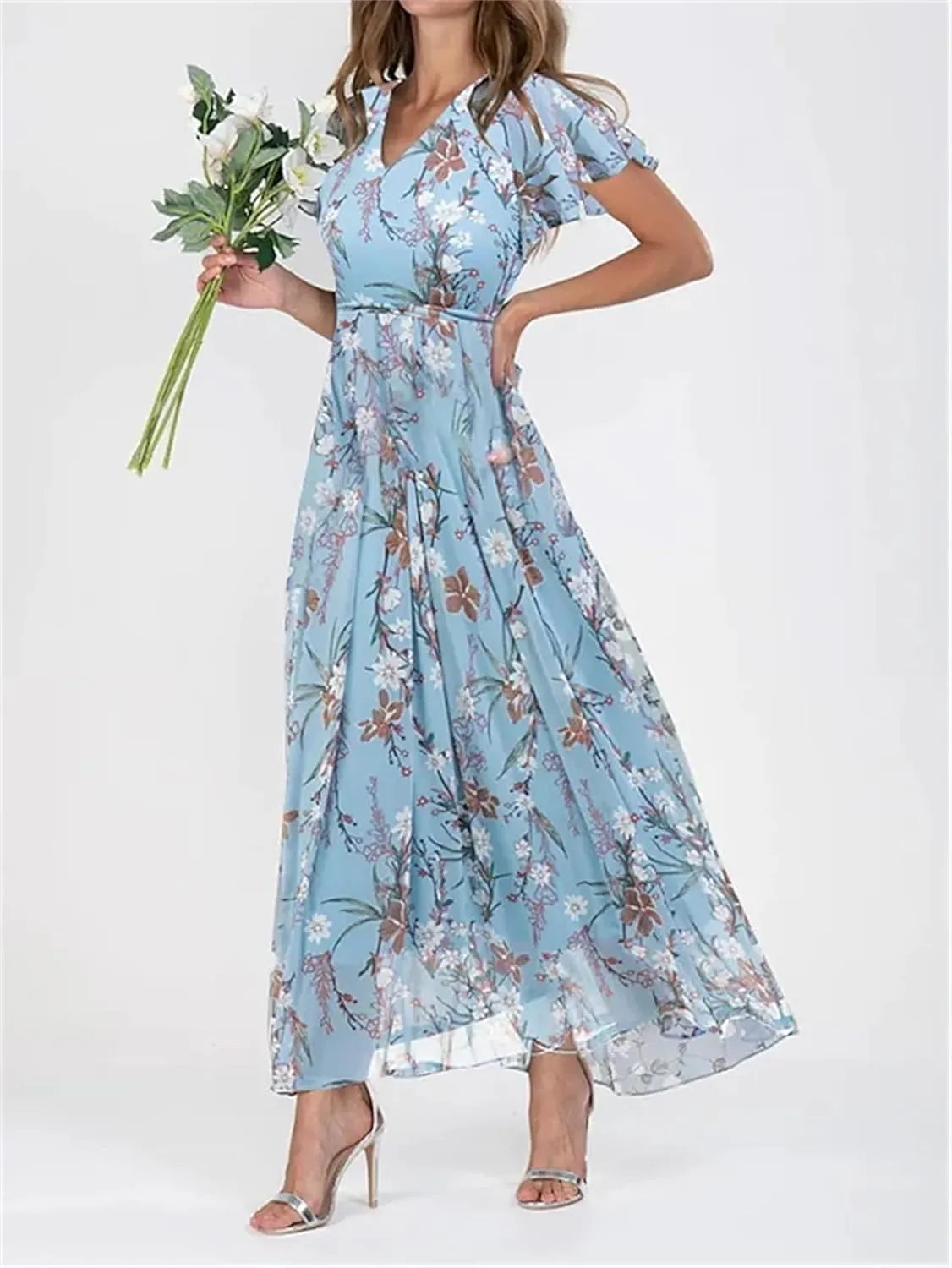 Womens Casual Flowy Chiffon Maxi Floral Dress, A-line Ruffle Short Sleeve V Neck Empire Waist Long Vacation Dresses for Women