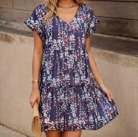 Women's Casual Flowy Mini Floral Chiffon Tiered Dress Swing Babydoll A-line Ruffle Cap Sleeve V Neck High Waist Short Dresses