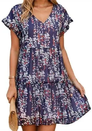 Women's Casual Flowy Mini Floral Chiffon Tiered Dress Swing Babydoll A-line Ruffle Cap Sleeve V Neck High Waist Short Dresses