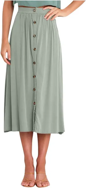 Womens Casual Front Button Skirts 2025 Summer Outfit Flowy Beach Skirts for Women Elastic High Waisted Midi Skirt
