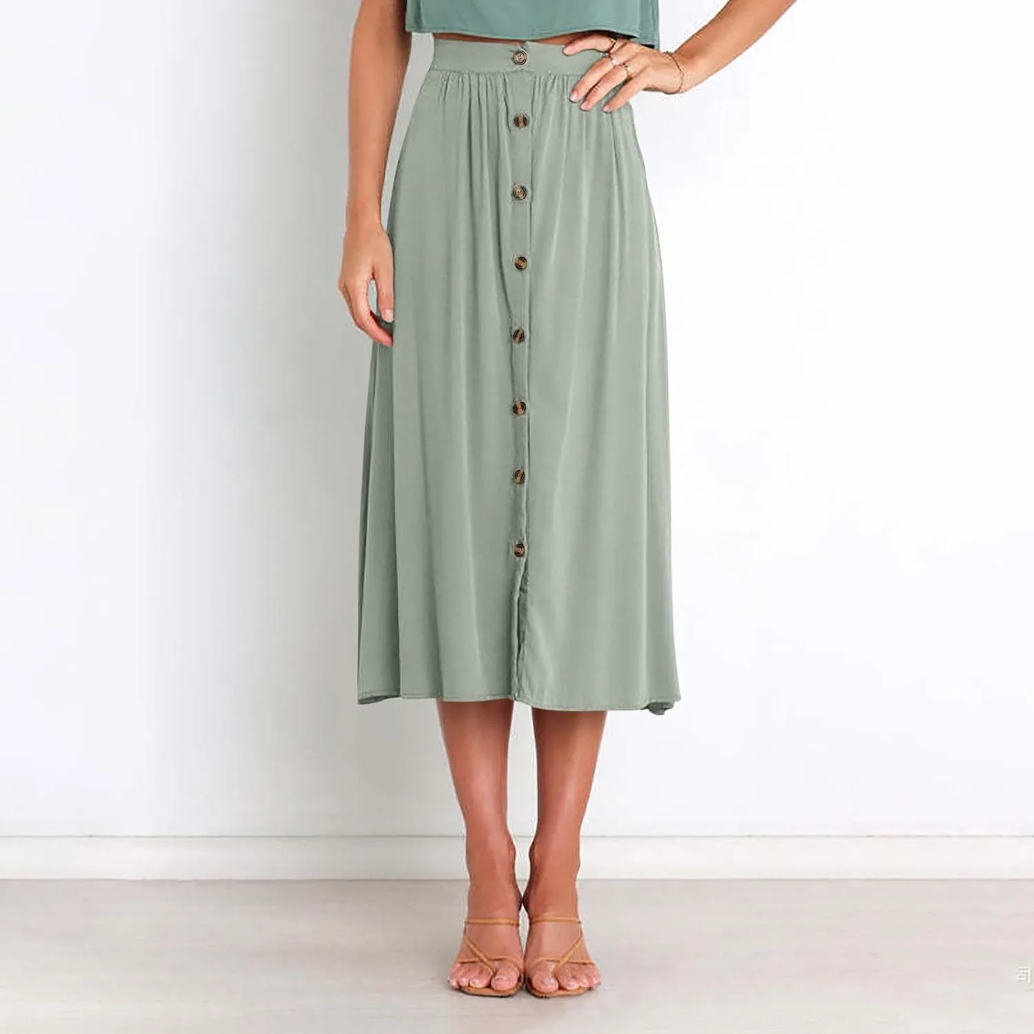 Womens Casual Front Button Skirts 2025 Summer Outfit Flowy Beach Skirts for Women Elastic High Waisted Midi Skirt