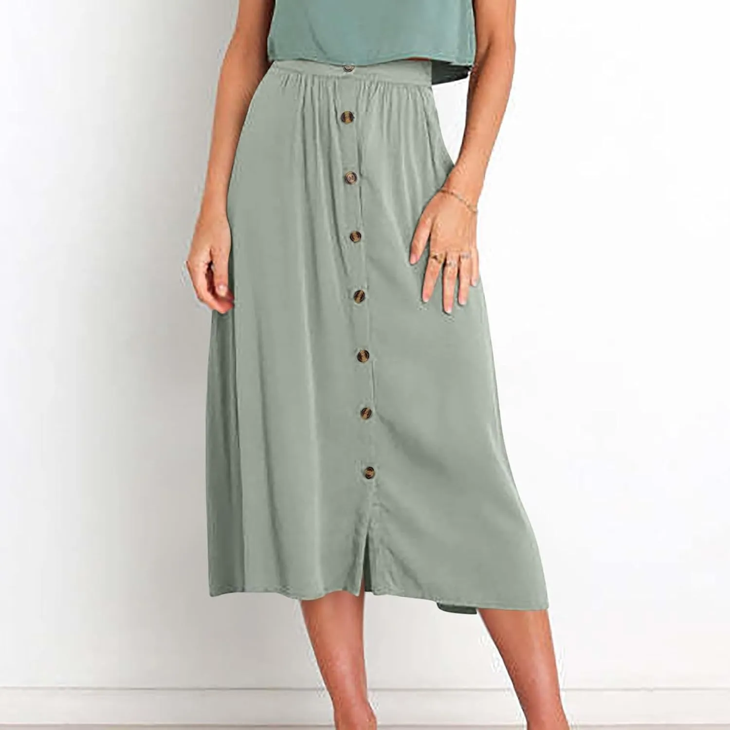Womens Casual Front Button Skirts 2025 Summer Outfit Flowy Beach Skirts for Women Elastic High Waisted Midi Skirt