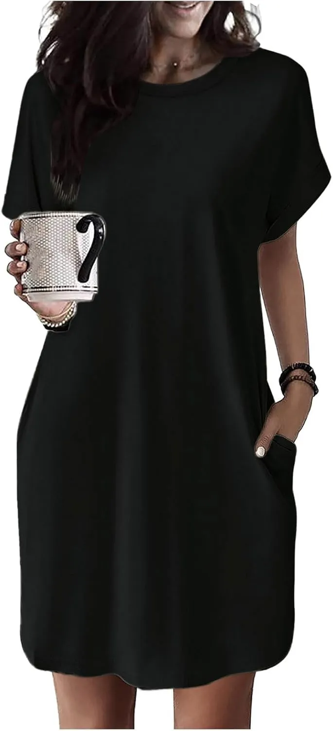 Women's Casual Summer Dress Loose Crew Neck Short Sleeve T Shirt Dresses Mini Beach Vacation Sun Dress with Pockets