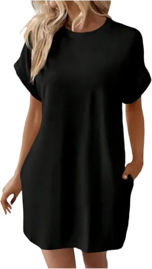 Women's Casual Summer Dress Loose Crew Neck Short Sleeve T Shirt Dresses Mini Beach Vacation Sun Dress with Pockets