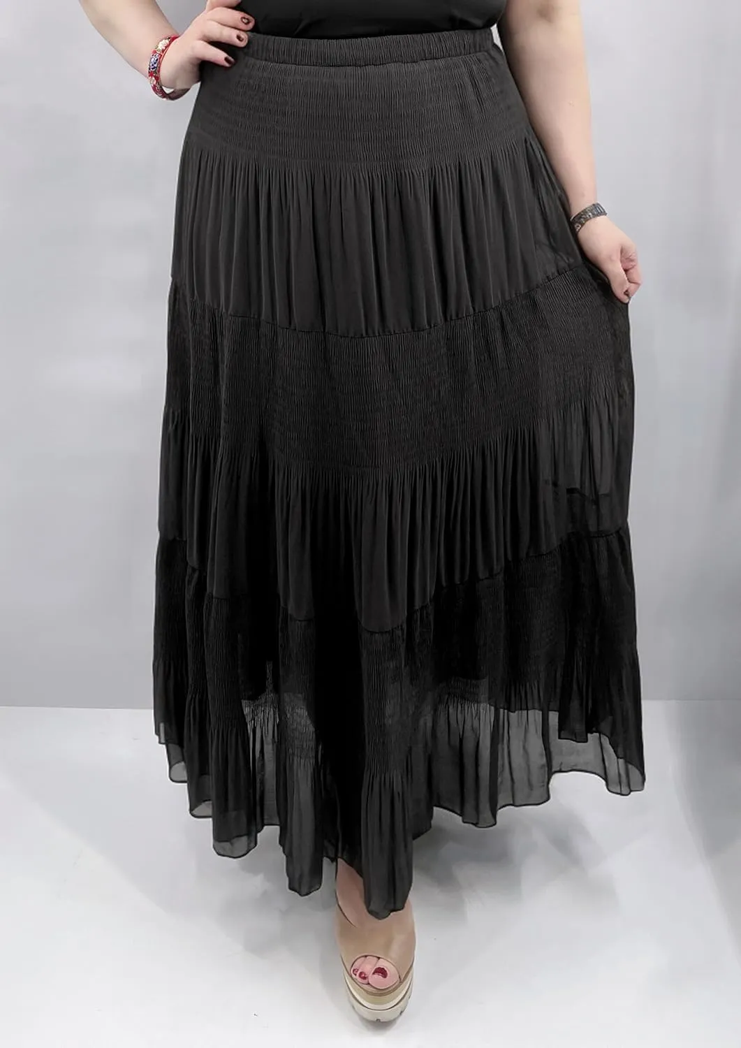 Women's Chiffon Elastic High Waist Pleated A-Line Flared Maxi Skirts