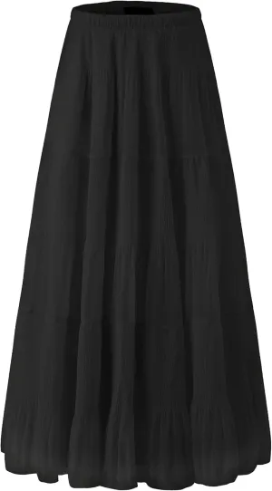 Women's Chiffon Elastic High Waist Pleated A-Line Flared Maxi Skirts