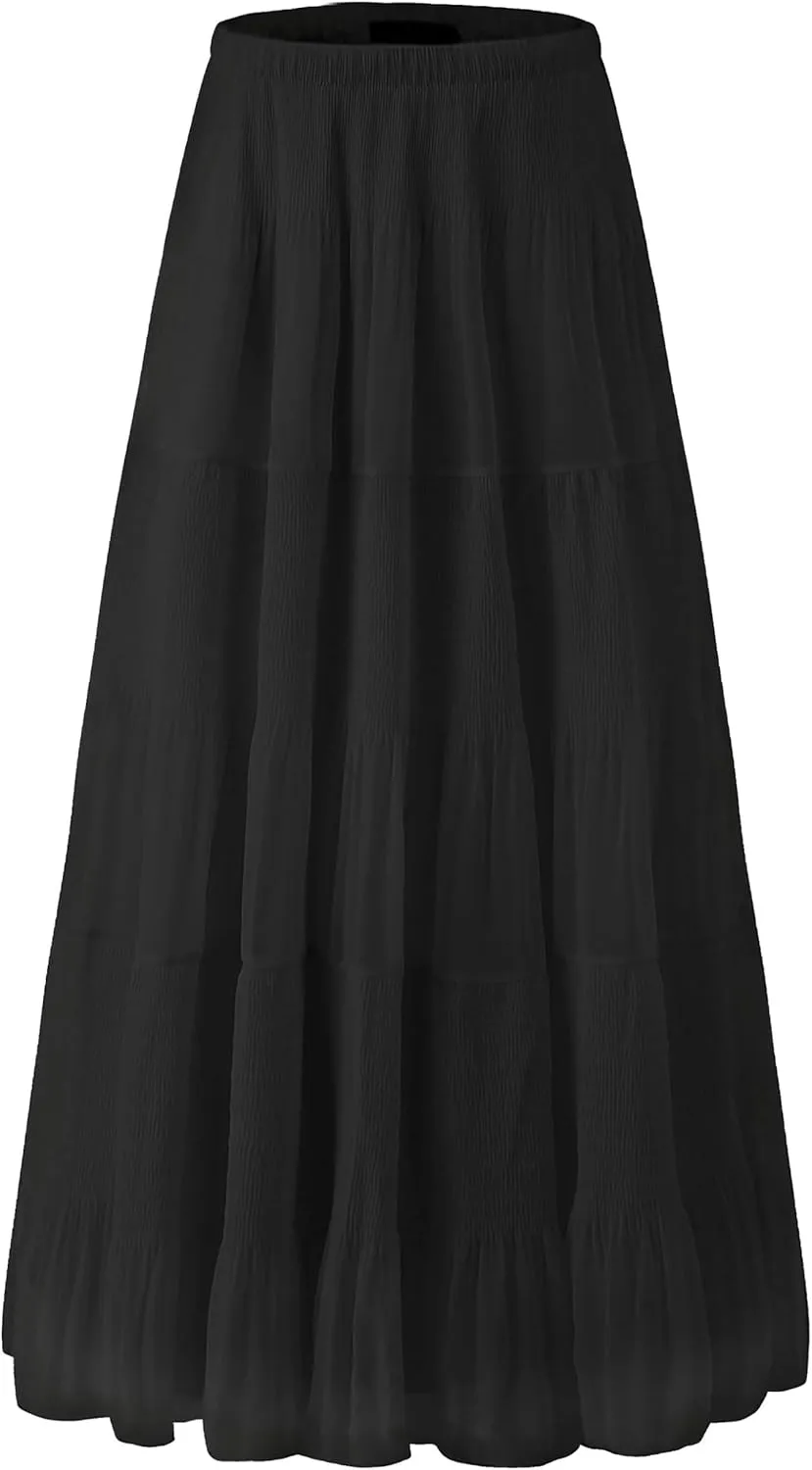Women's Chiffon Elastic High Waist Pleated A-Line Flared Maxi Skirts