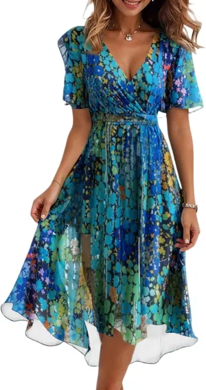 Women's Chiffon Floral Dresses Casual Summer Boho Flutter Sleeve Flowy Skater Western Dress Blue M