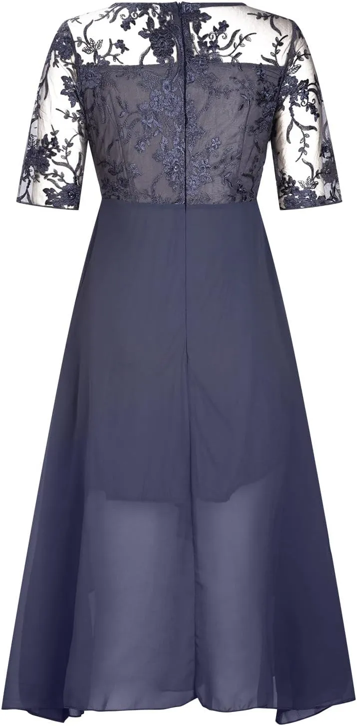Women's Chiffon Lace Mesh Patchwork Empire Waist Dresses Summer Half Sleeve Pleated Fashion Flwoy A-Line Midi Dress