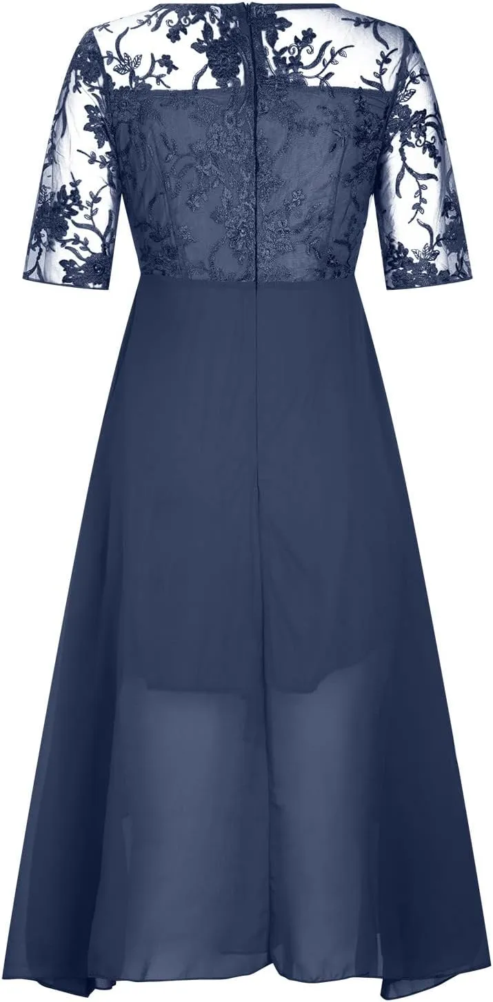 Women's Chiffon Lace Mesh Patchwork Empire Waist Dresses Summer Half Sleeve Pleated Fashion Flwoy A-Line Midi Dress