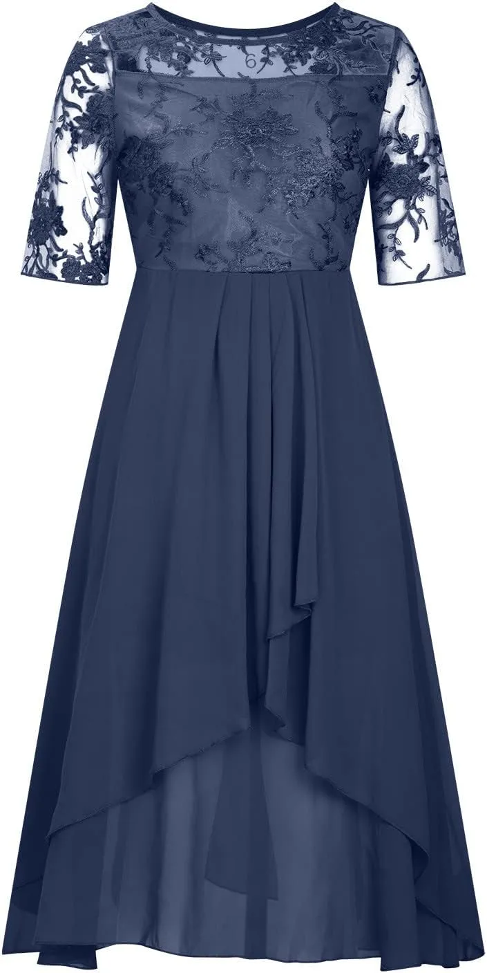 Women's Chiffon Lace Mesh Patchwork Empire Waist Dresses Summer Half Sleeve Pleated Fashion Flwoy A-Line Midi Dress