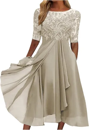 Women's Chiffon Lace Mesh Patchwork Empire Waist Dresses Summer Half Sleeve Pleated Fashion Flwoy A-Line Midi Dress