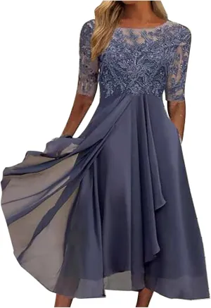 Women's Chiffon Lace Mesh Patchwork Empire Waist Dresses Summer Half Sleeve Pleated Fashion Flwoy A-Line Midi Dress