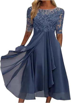 Women's Chiffon Lace Mesh Patchwork Empire Waist Dresses Summer Half Sleeve Pleated Fashion Flwoy A-Line Midi Dress