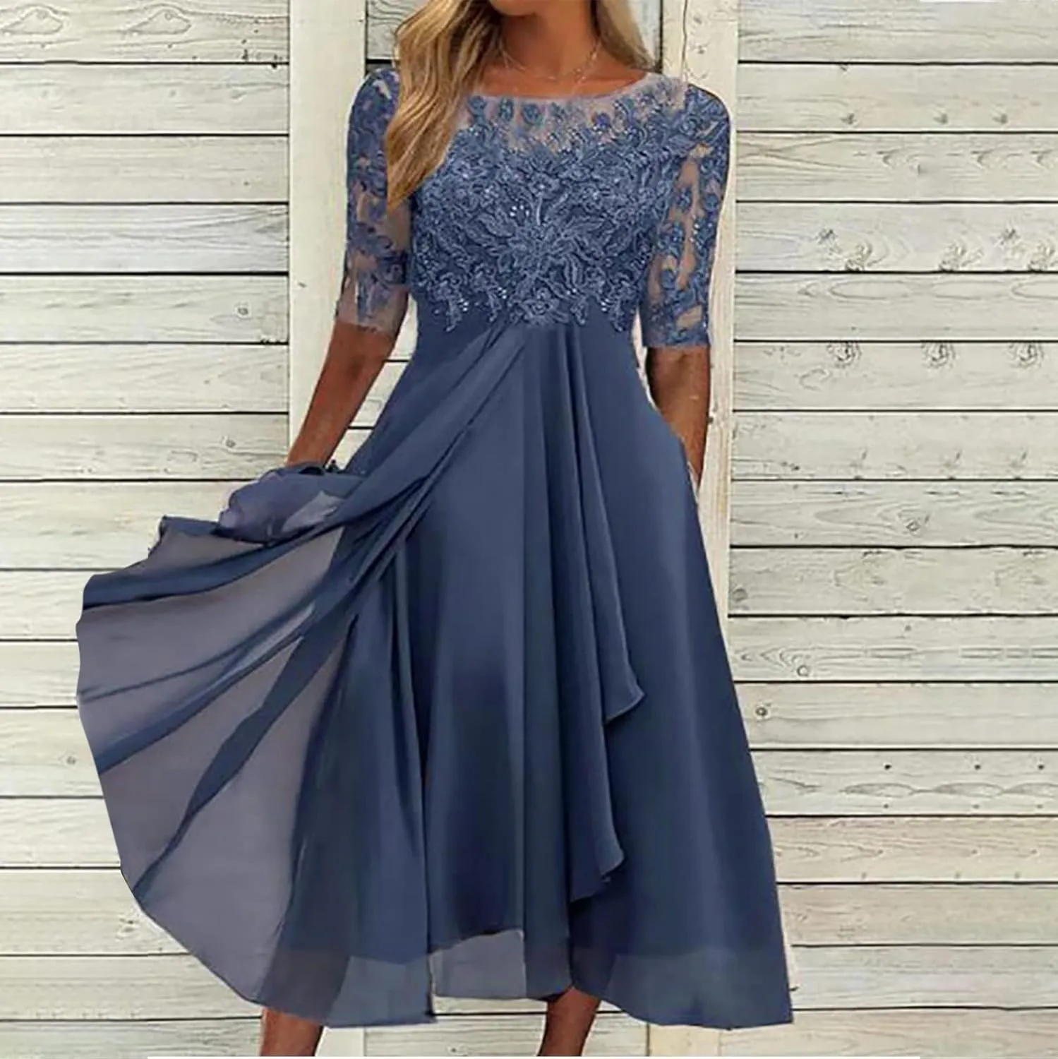 Women's Chiffon Lace Mesh Patchwork Empire Waist Dresses Summer Half Sleeve Pleated Fashion Flwoy A-Line Midi Dress