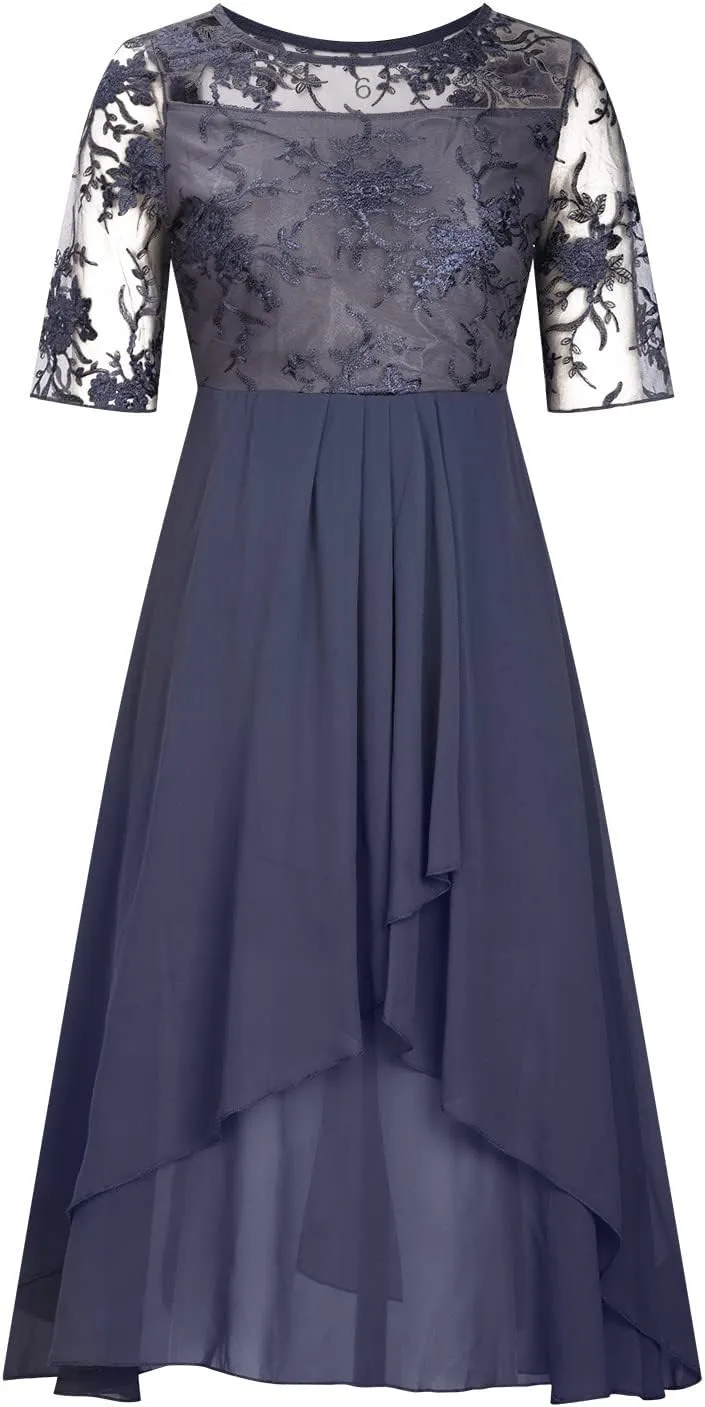 Women's Chiffon Lace Mesh Patchwork Empire Waist Dresses Summer Half Sleeve Pleated Fashion Flwoy A-Line Midi Dress