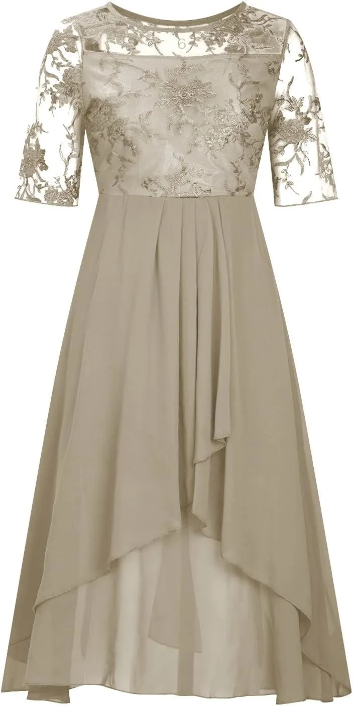 Women's Chiffon Lace Mesh Patchwork Empire Waist Dresses Summer Half Sleeve Pleated Fashion Flwoy A-Line Midi Dress
