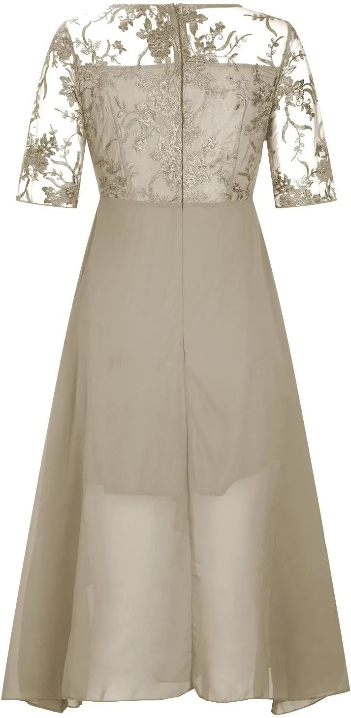 Women's Chiffon Lace Mesh Patchwork Empire Waist Dresses Summer Half Sleeve Pleated Fashion Flwoy A-Line Midi Dress