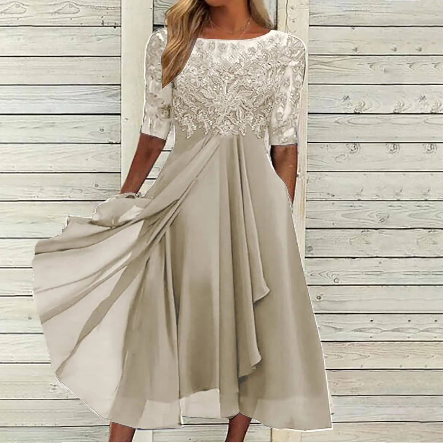 Women's Chiffon Lace Mesh Patchwork Empire Waist Dresses Summer Half Sleeve Pleated Fashion Flwoy A-Line Midi Dress