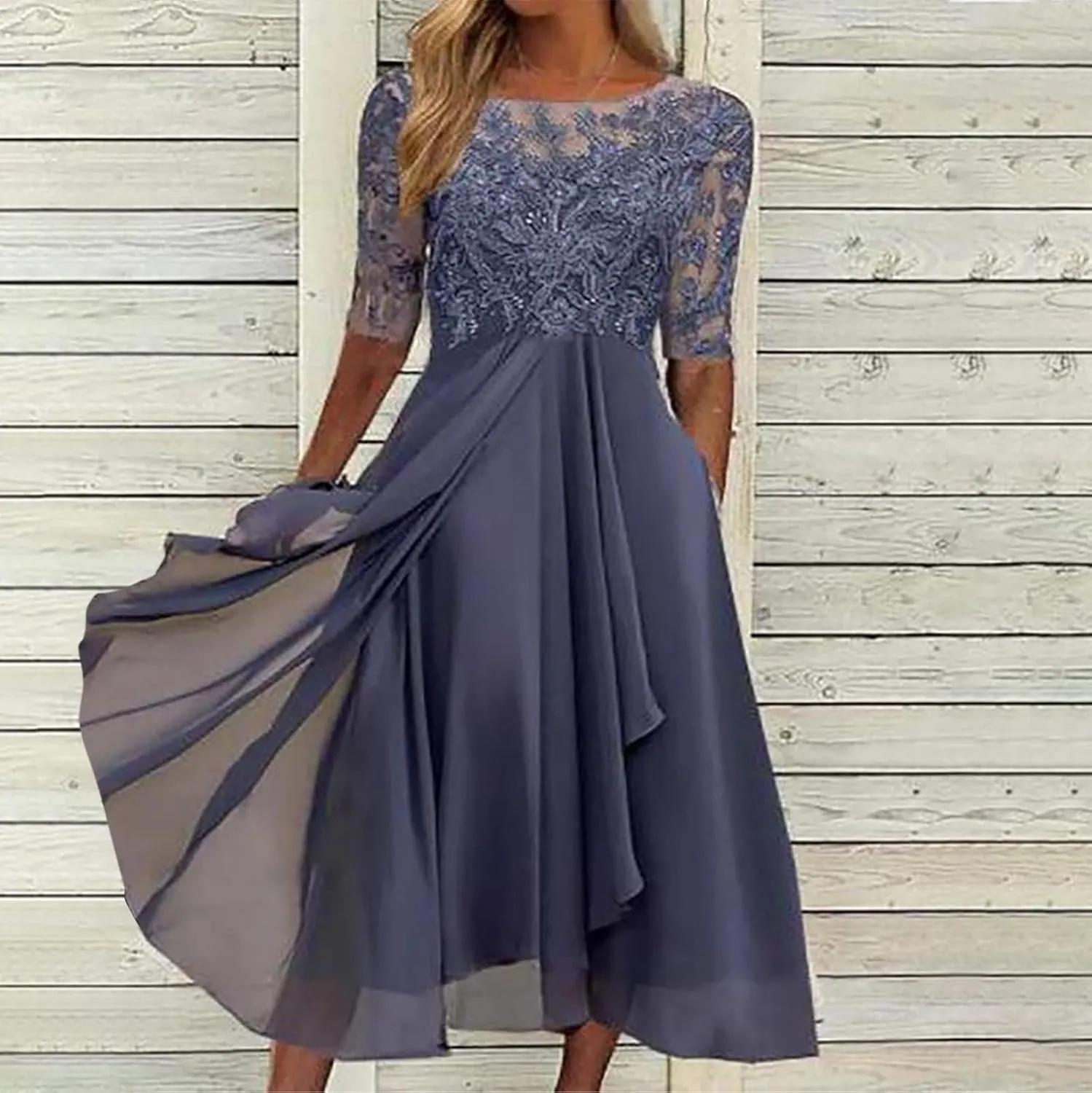 Women's Chiffon Lace Mesh Patchwork Empire Waist Dresses Summer Half Sleeve Pleated Fashion Flwoy A-Line Midi Dress