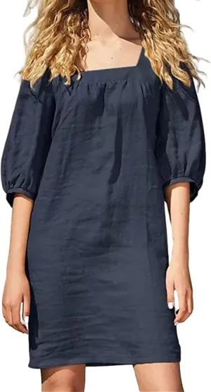 Womens Cotton Linen Dresses 2025 Summer Square Neck Dress Puff Short Sleeve Loose A-Line Casual Shorts Mini Dresses