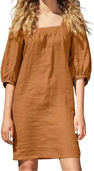 Womens Cotton Linen Dresses 2025 Summer Square Neck Dress Puff Short Sleeve Loose A-Line Casual Shorts Mini Dresses