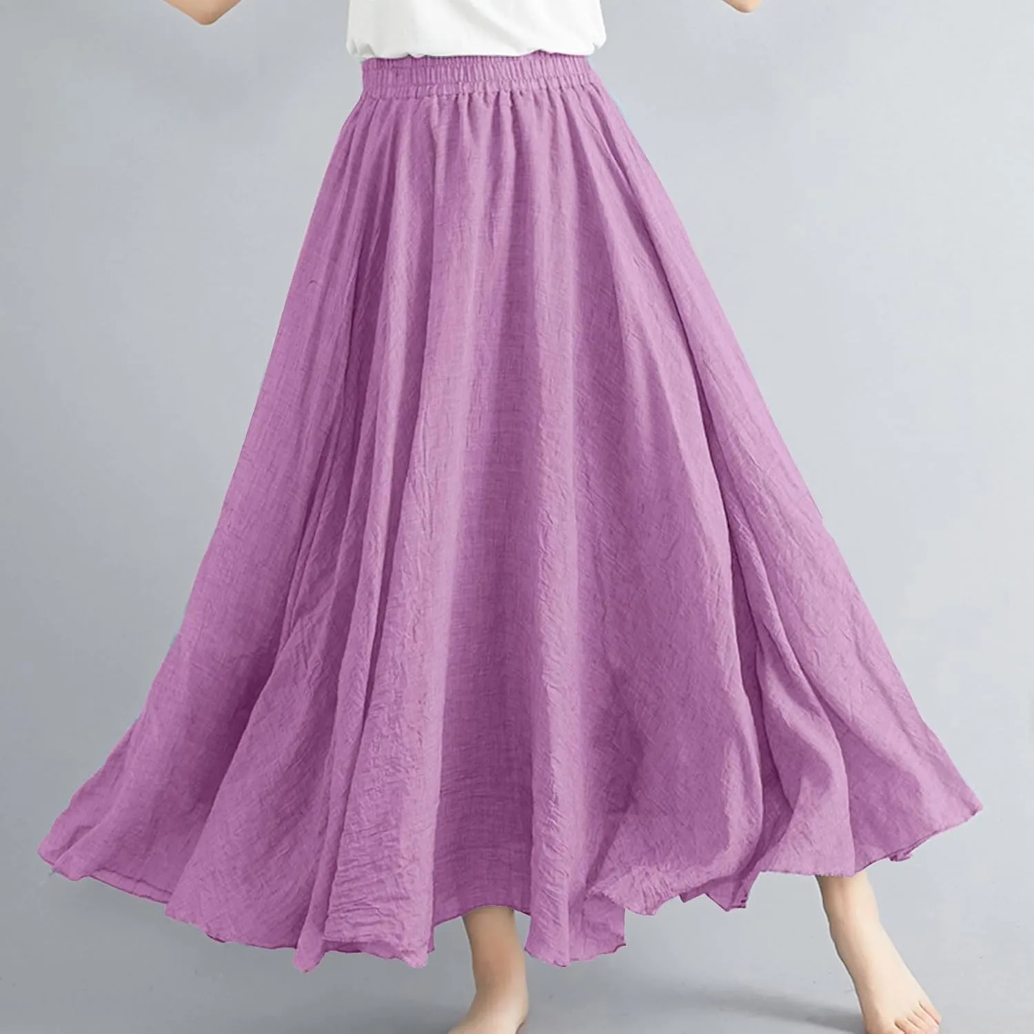 Womens Cotton Linen Maxi Skirts Summer Boho Solid Beach Elastic High Waist Pleated A-Line Flowy Swing Long Maxi Skirt