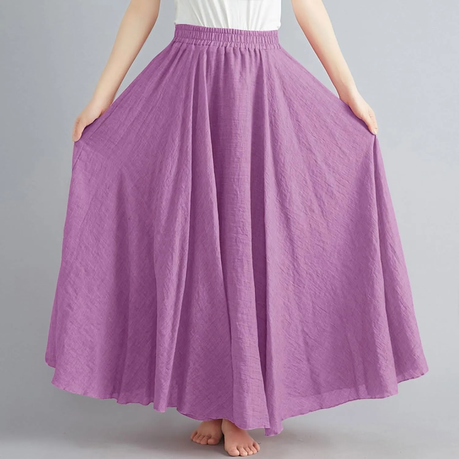 Womens Cotton Linen Maxi Skirts Summer Boho Solid Beach Elastic High Waist Pleated A-Line Flowy Swing Long Maxi Skirt