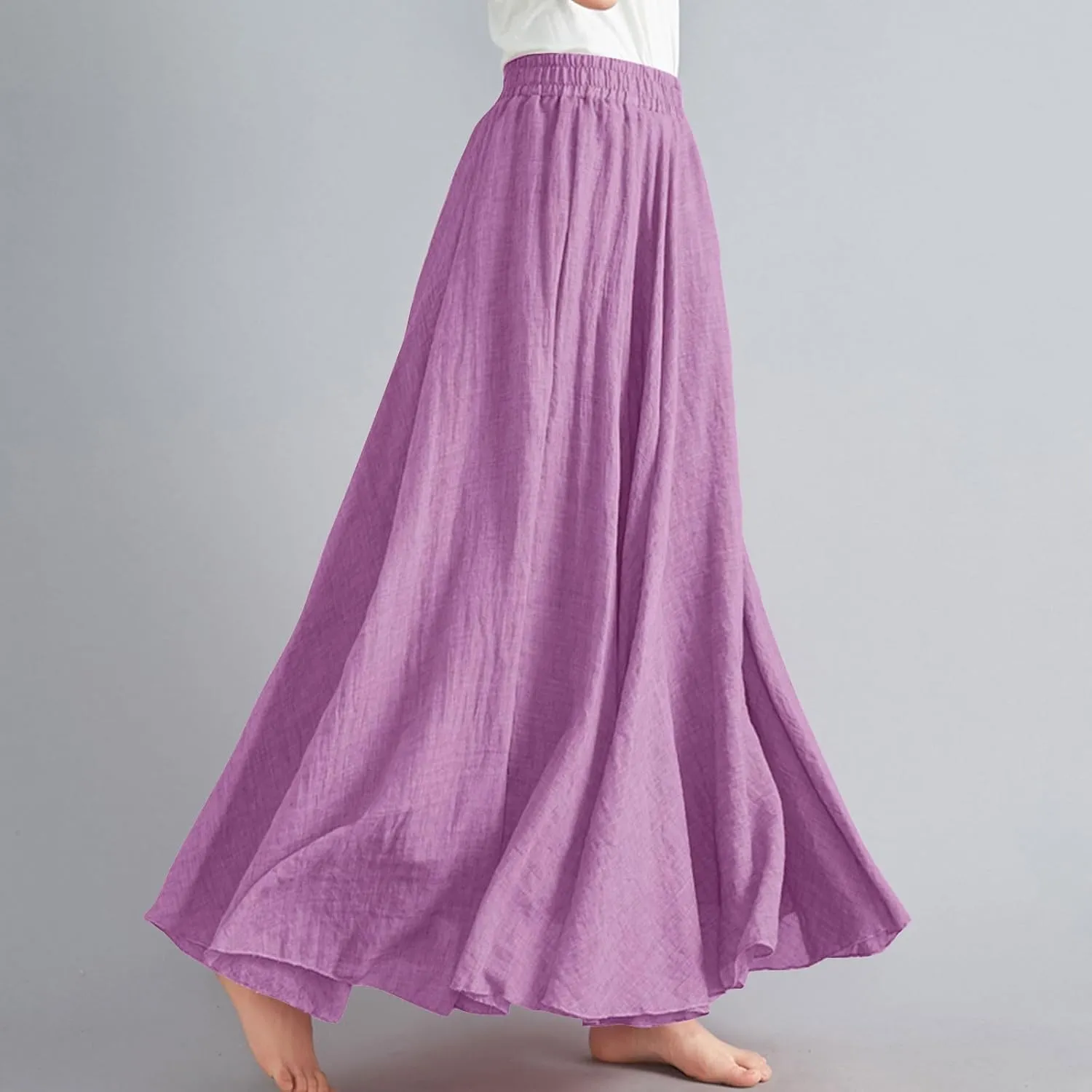 Womens Cotton Linen Maxi Skirts Summer Boho Solid Beach Elastic High Waist Pleated A-Line Flowy Swing Long Maxi Skirt