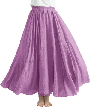 Womens Cotton Linen Maxi Skirts Summer Boho Solid Beach Elastic High Waist Pleated A-Line Flowy Swing Long Maxi Skirt
